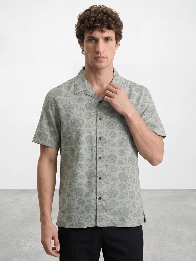 R&B Men Green Floral Print Resort Collar Short Sleeves Regular Fit Shirt