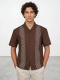 R&B Men Brown Geometric Print Resort Collar Short Sleeves Relaxed Fit Shirt