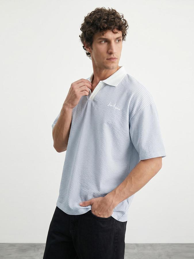 R&B Blue Men Striped Short Sleeves Tshirt