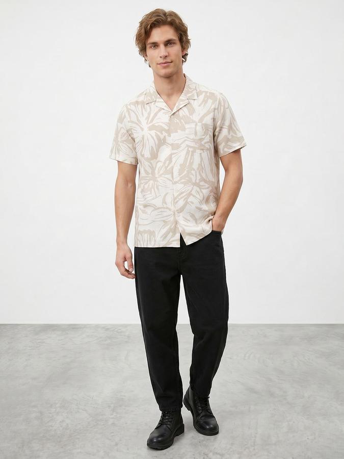 R&B Men Beige Abstract Print Resort Collar Short Sleeves Regular Fit Shirt