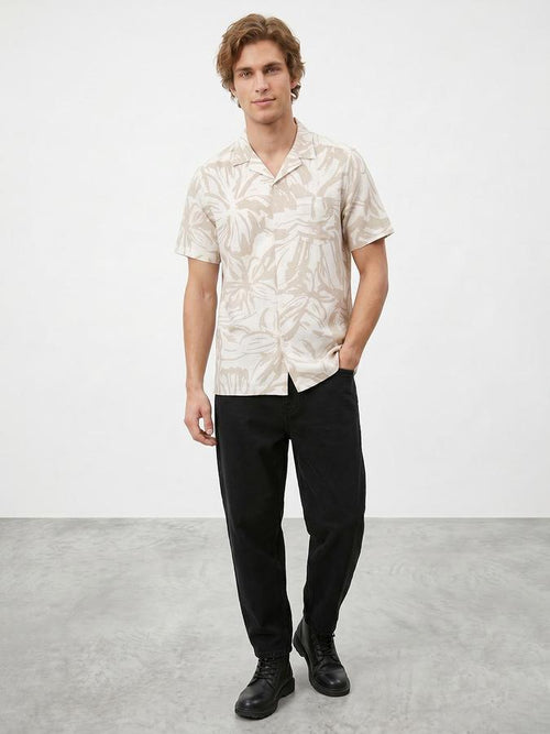 R&B Men Beige Abstract Print Resort Collar Short Sleeves Regular Fit Shirt