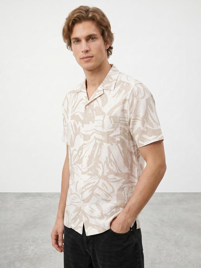 R&B Men Beige Abstract Print Resort Collar Short Sleeves Regular Fit Shirt